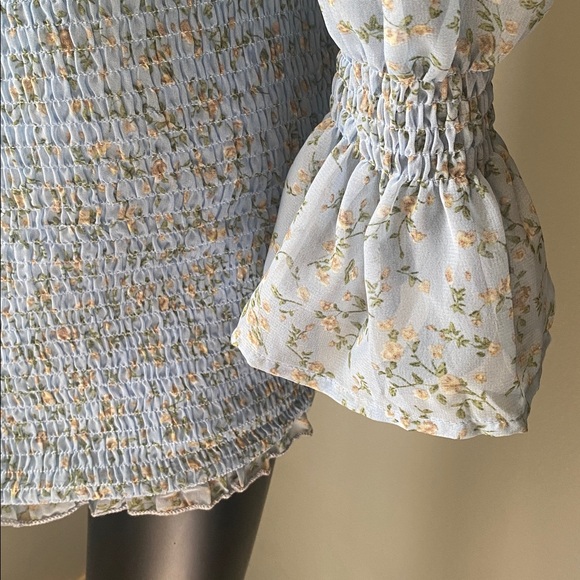 Hey Babe Light Blue Floral Sheer Sleeve Ruched Tie Dress - Picture 13 of 17